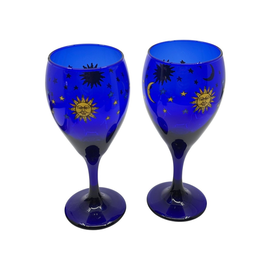 Libbey Cobalt Blue Celestial Sun Moon Stars Wine Goblets Set of 2 Vintage